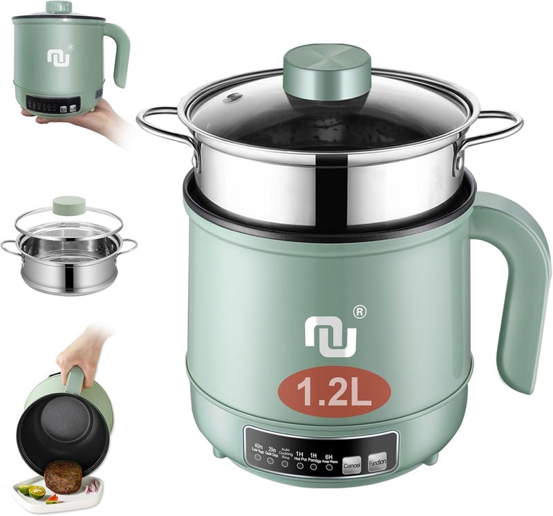 NUNET Smart Mini Hot Pot with Timer and Automatic Shut Off 1.2L Non-Stick Rapid Noodle Cooker w Stainless Steel Steamer Basket 600W Quick Cook 5 Cooking Modes for Soup, Rice (1cup) , Porridge, Pasta Great for 1-2 Persons (Green) - Image 1